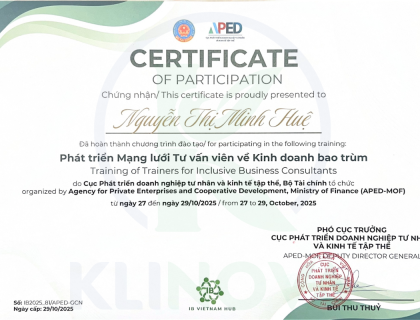 Certification of Completion: Training of Trainers for Inclusive Business Consultants to KLINOVA Expert